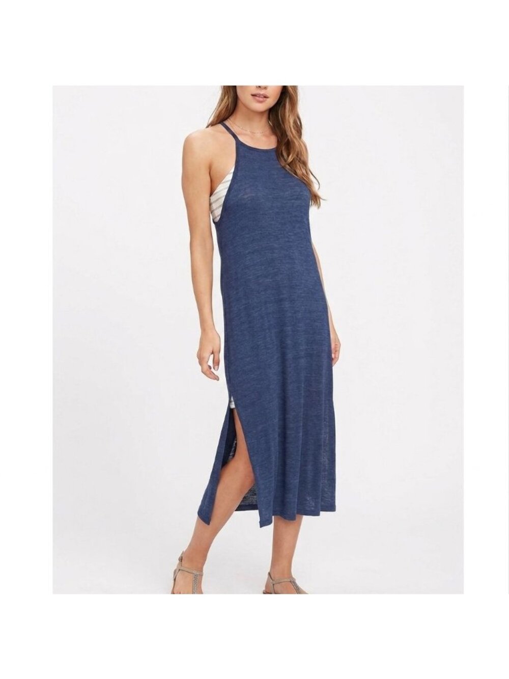 Olive Oak Layered Midi Dress Sleeveless Womens Medium Blue Summer Vacation Beach